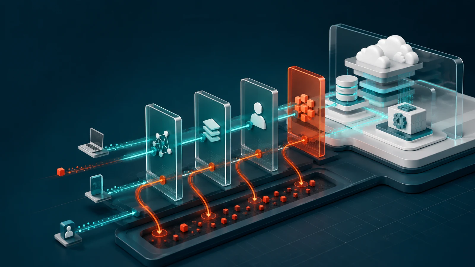 Business signals pass through a sequence of policy gates while suspicious routes are diverted.