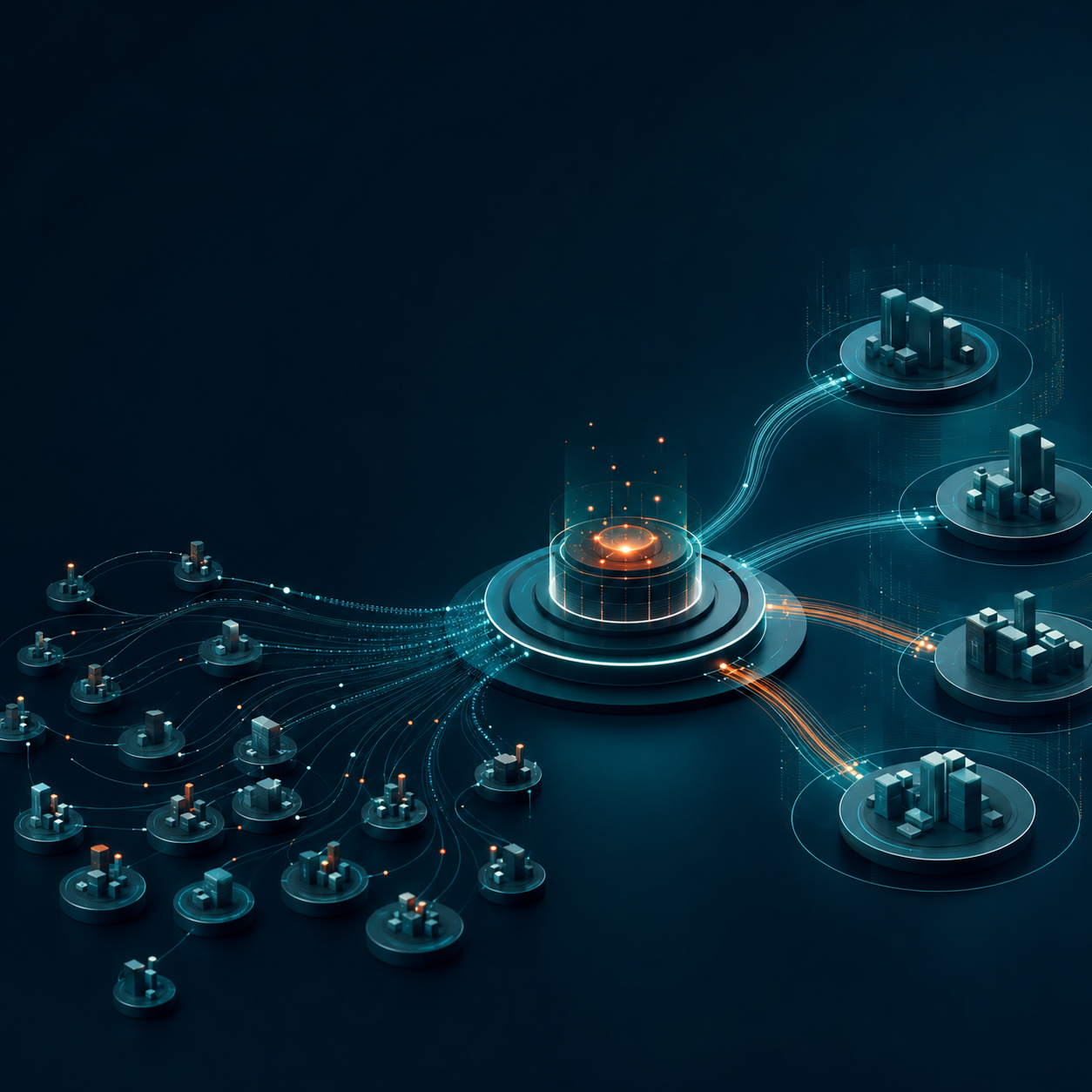 Illustrative concept of a hub connecting many distributed sites into one ecosystem.