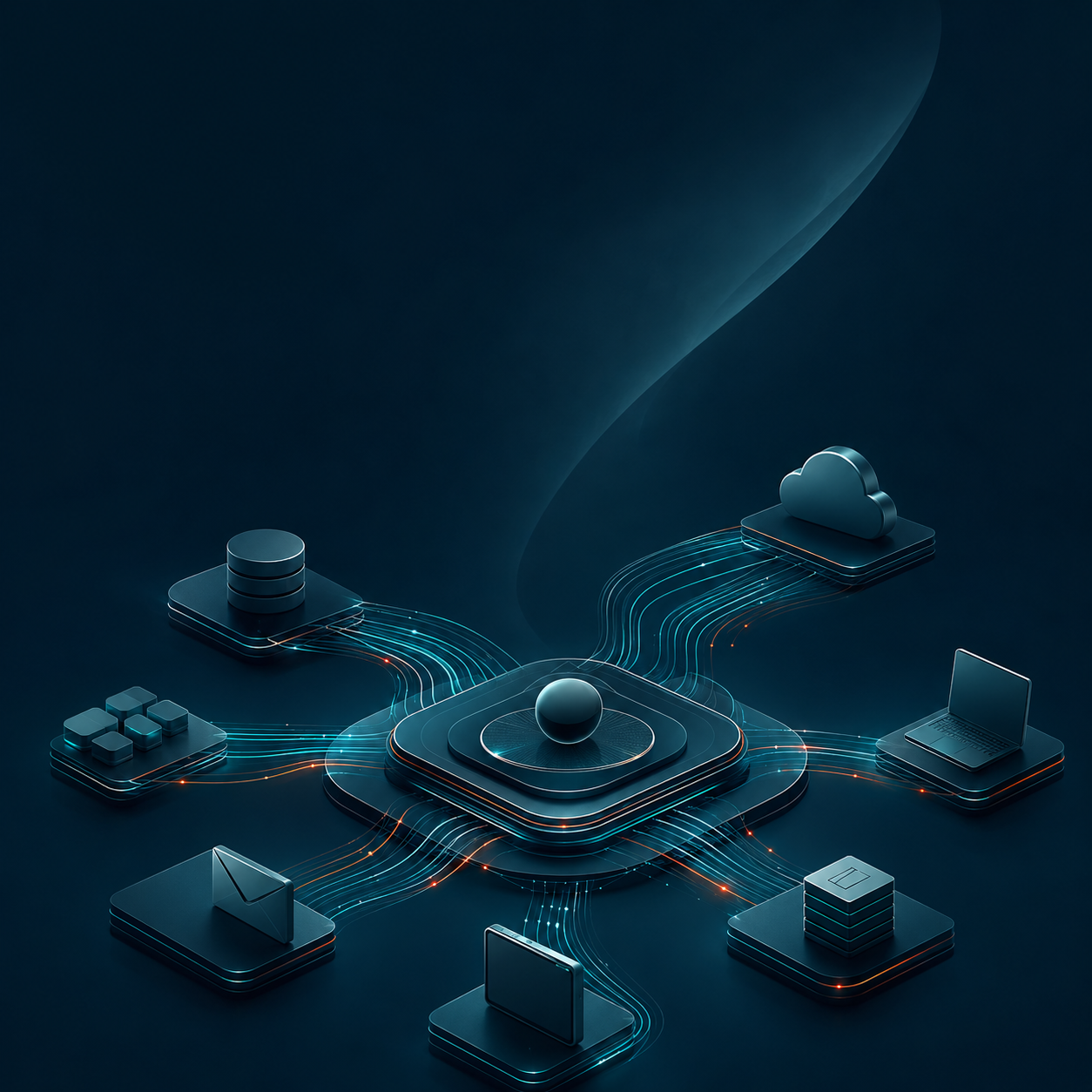 Illustrative concept of a central command centre connected to distributed workloads.