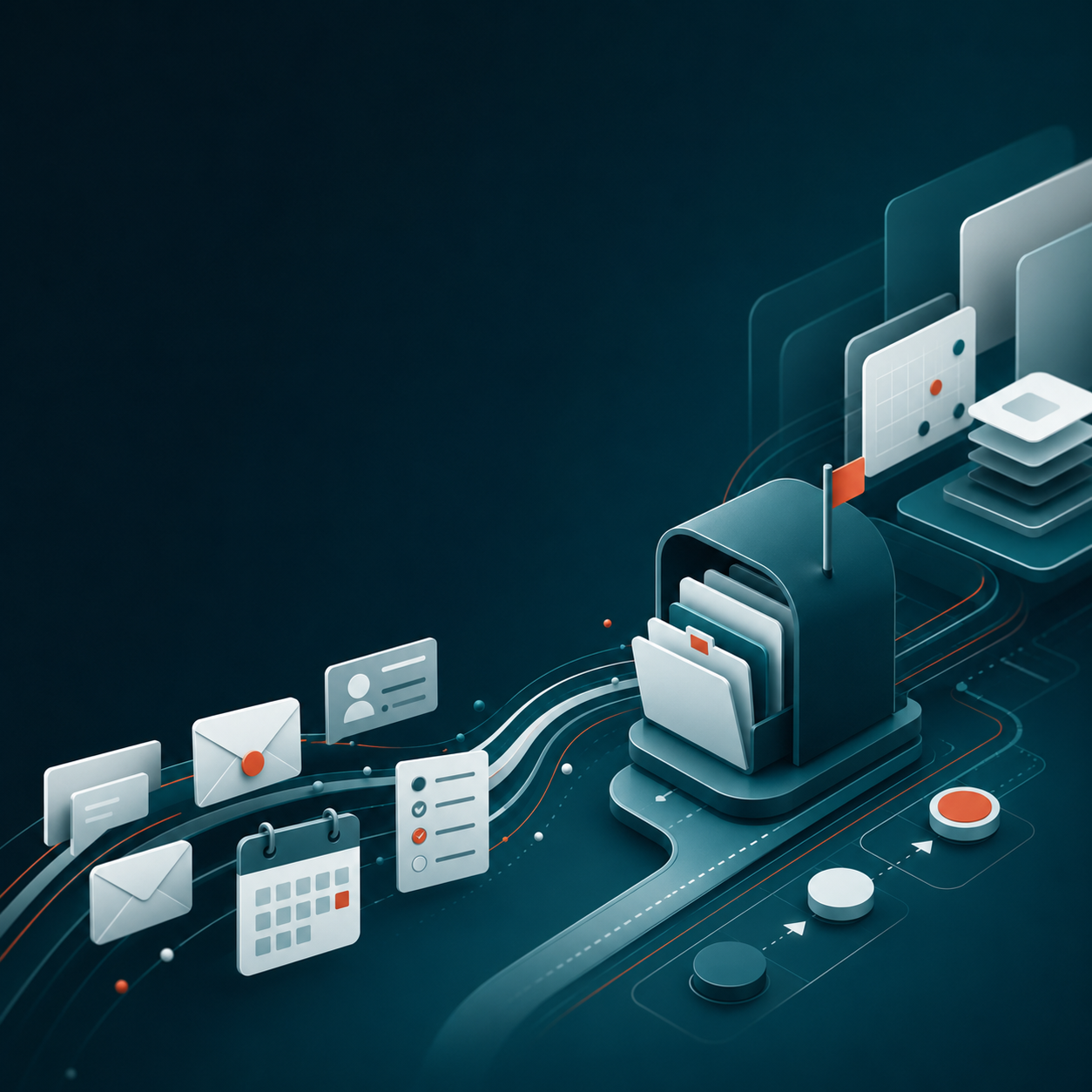Illustrative concept of email items flowing into an organised, protected mailbox.