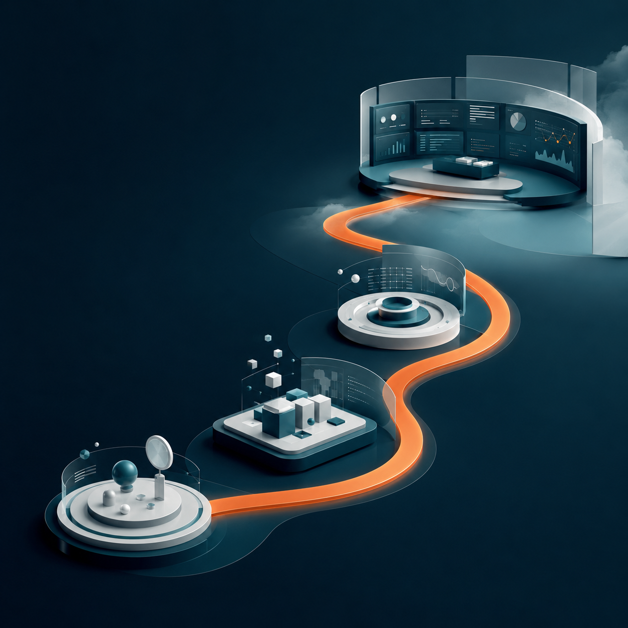 Illustrative concept of a four-stage path from discovery to review.