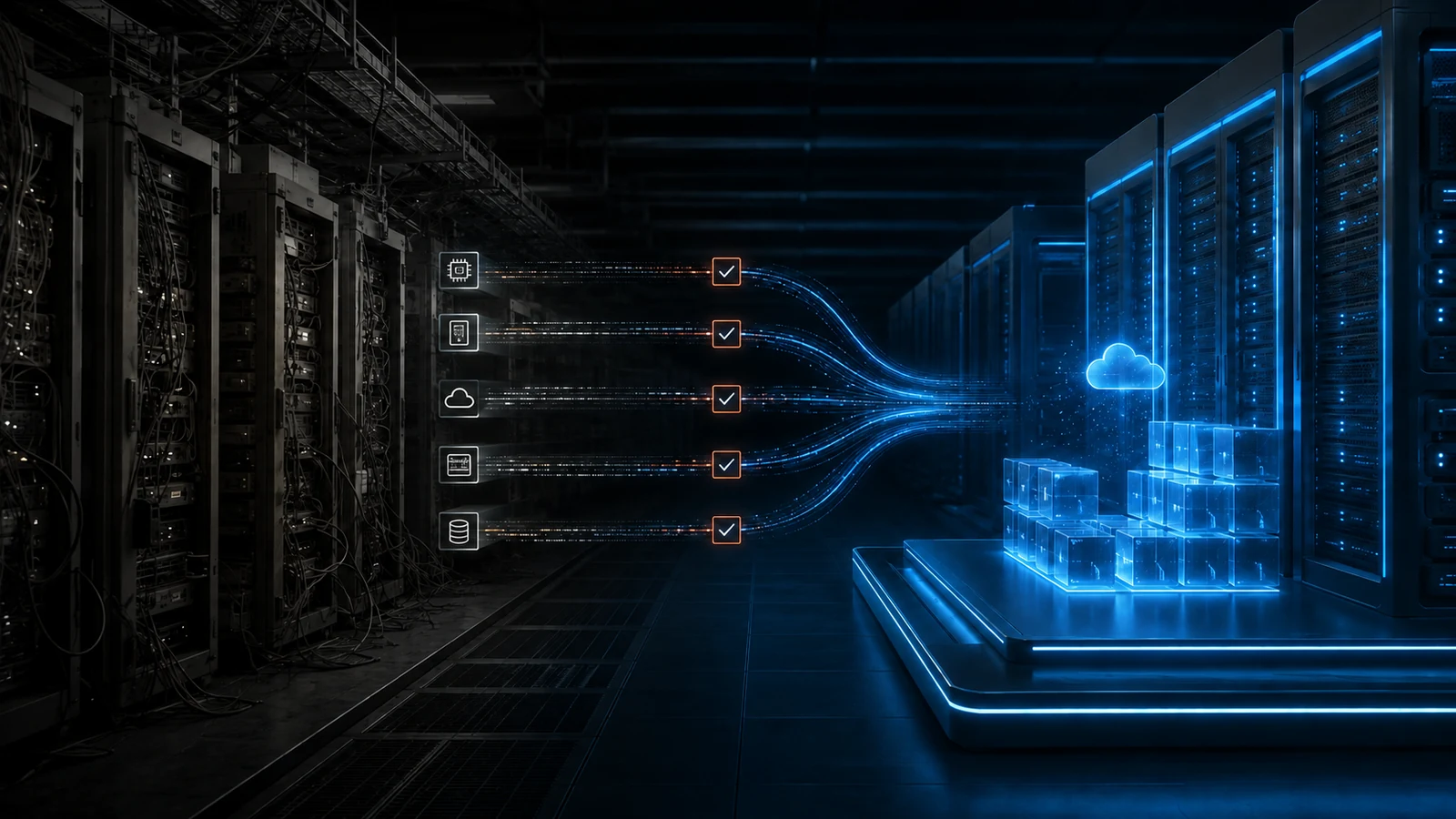 Legacy infrastructure workloads moving through verified migration paths into a modern protected platform.