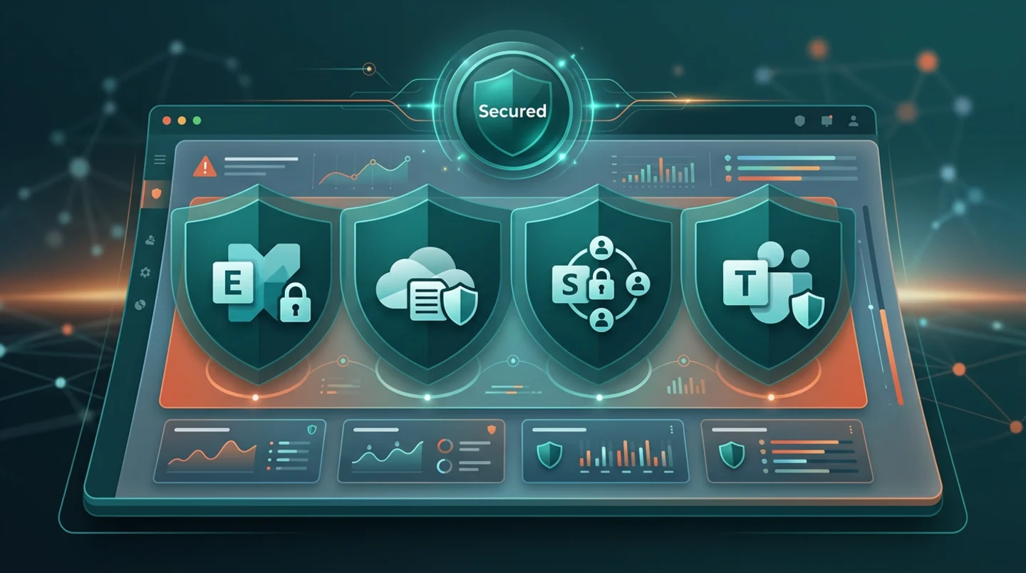A unified security console protecting Exchange, OneDrive, SharePoint and Teams with layered protection shields.